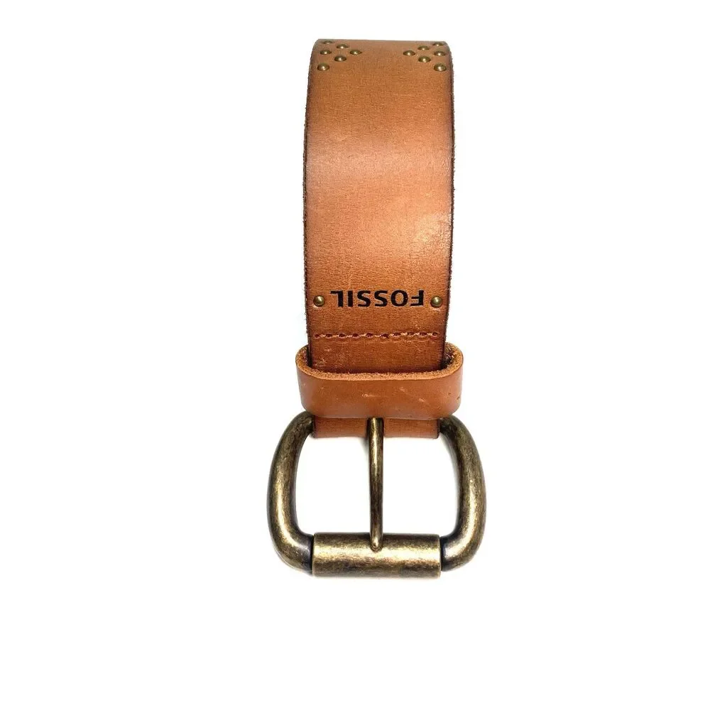 Fossil Mens Tan Genuine Leather Studded Belt Roller Buckle Size M Casual